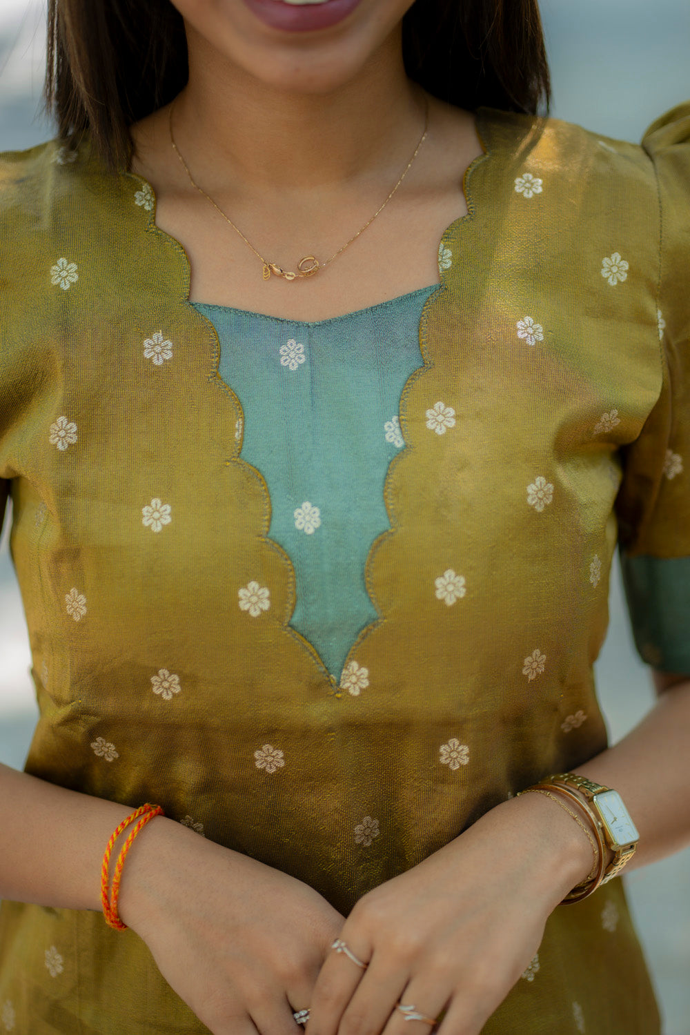 AA181A Mustard with Teal Blue Combo Shimmer Silk Kurti(Warning:Don’t Iron Directly)
