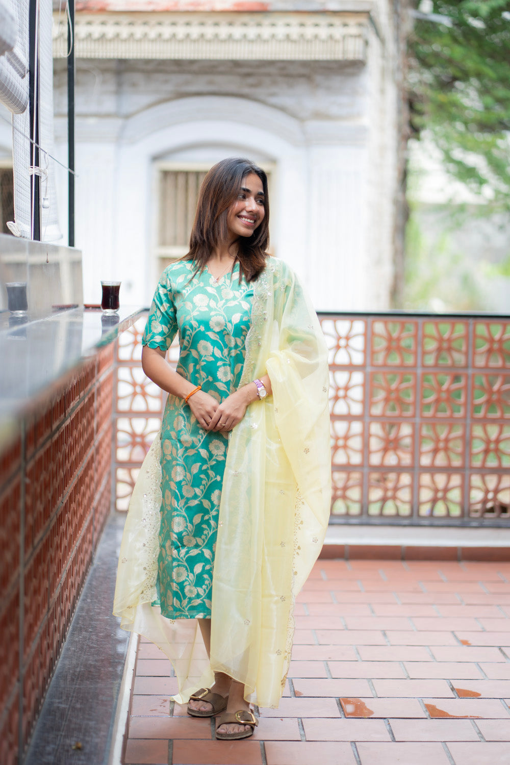 AA285 Turquoise Blue Brocade Silk Kurti With Yellow Shimmer Designer Dupatta