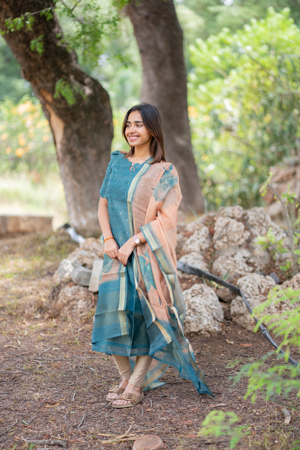 AA297 Teal Blue Chanderi Tissue Silk With Stripes & Golden Motifs Kurti with Dupatta