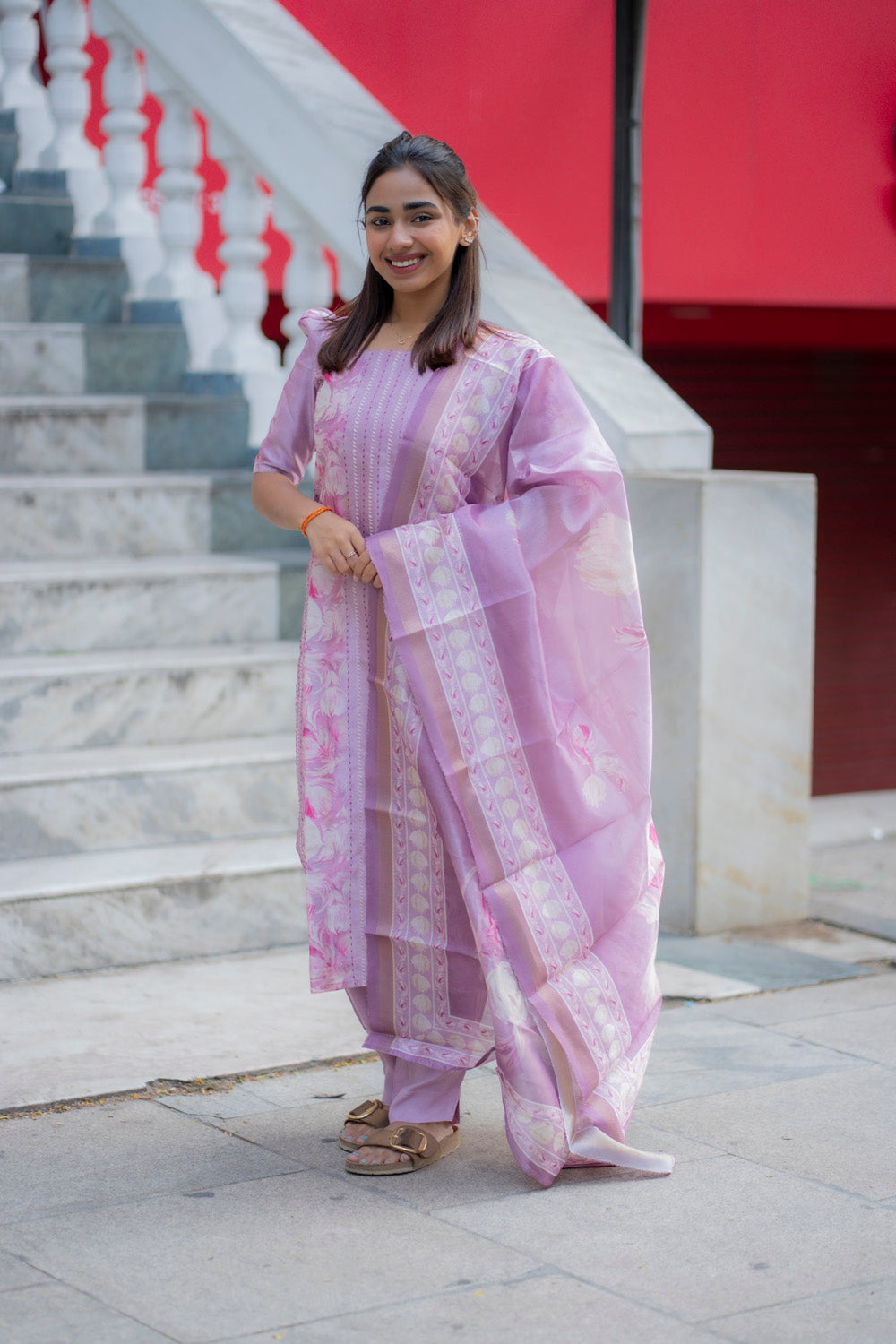 AA235 Lavender Floral Tussar Silk 3 Pc Set
