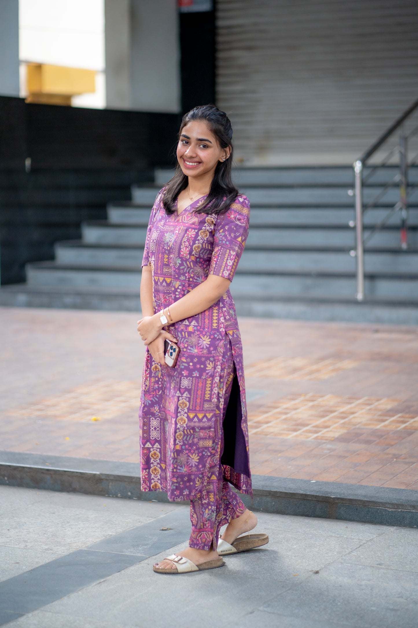 AA078 Violet Floral Printed Silk Co-Ord Set