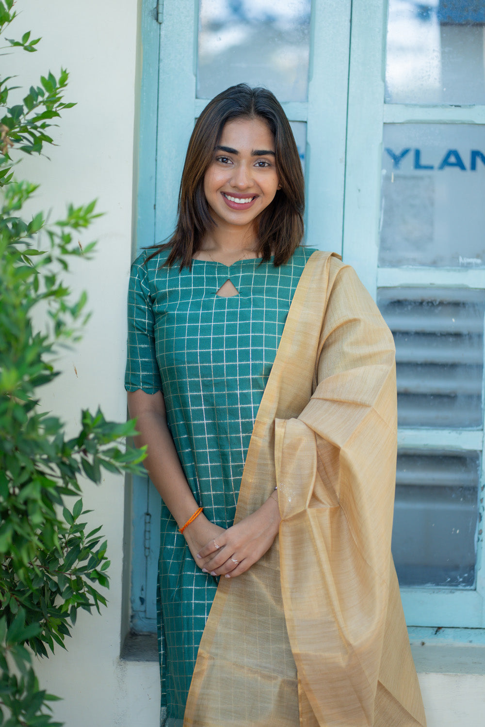 AA266 Bottle Green Checks with Temple Border Dolla Silk Kurti with Golden Tissue Silk Dupatta