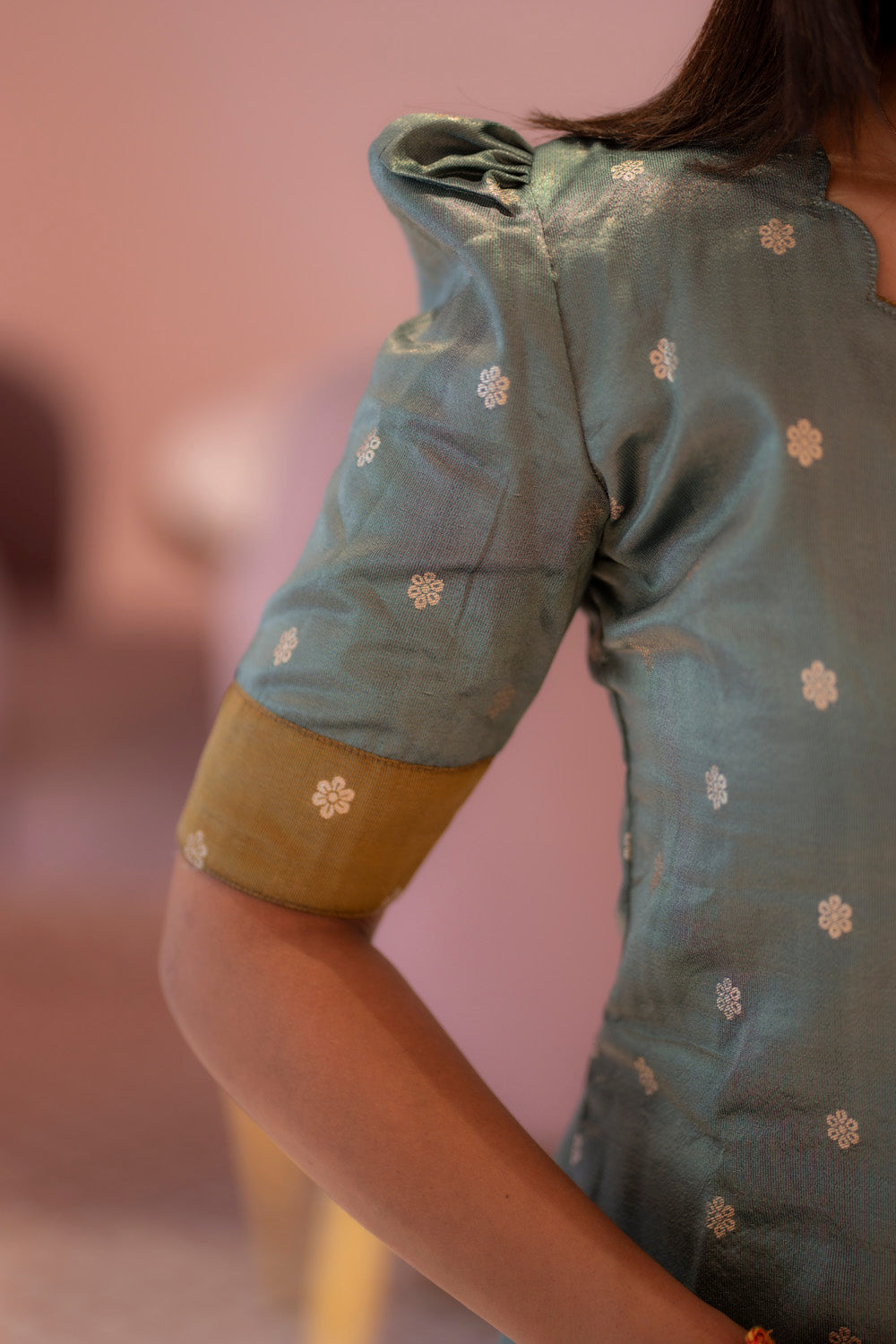 AA180A Teal Blue With Mustard Combo Shimmer Silk Kurti (warning :Don’t Iron Directly)