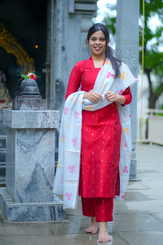 AA120 Cherry Red Raw Silk Kurti & Pant with Kota Dupatta (3 pc Set)