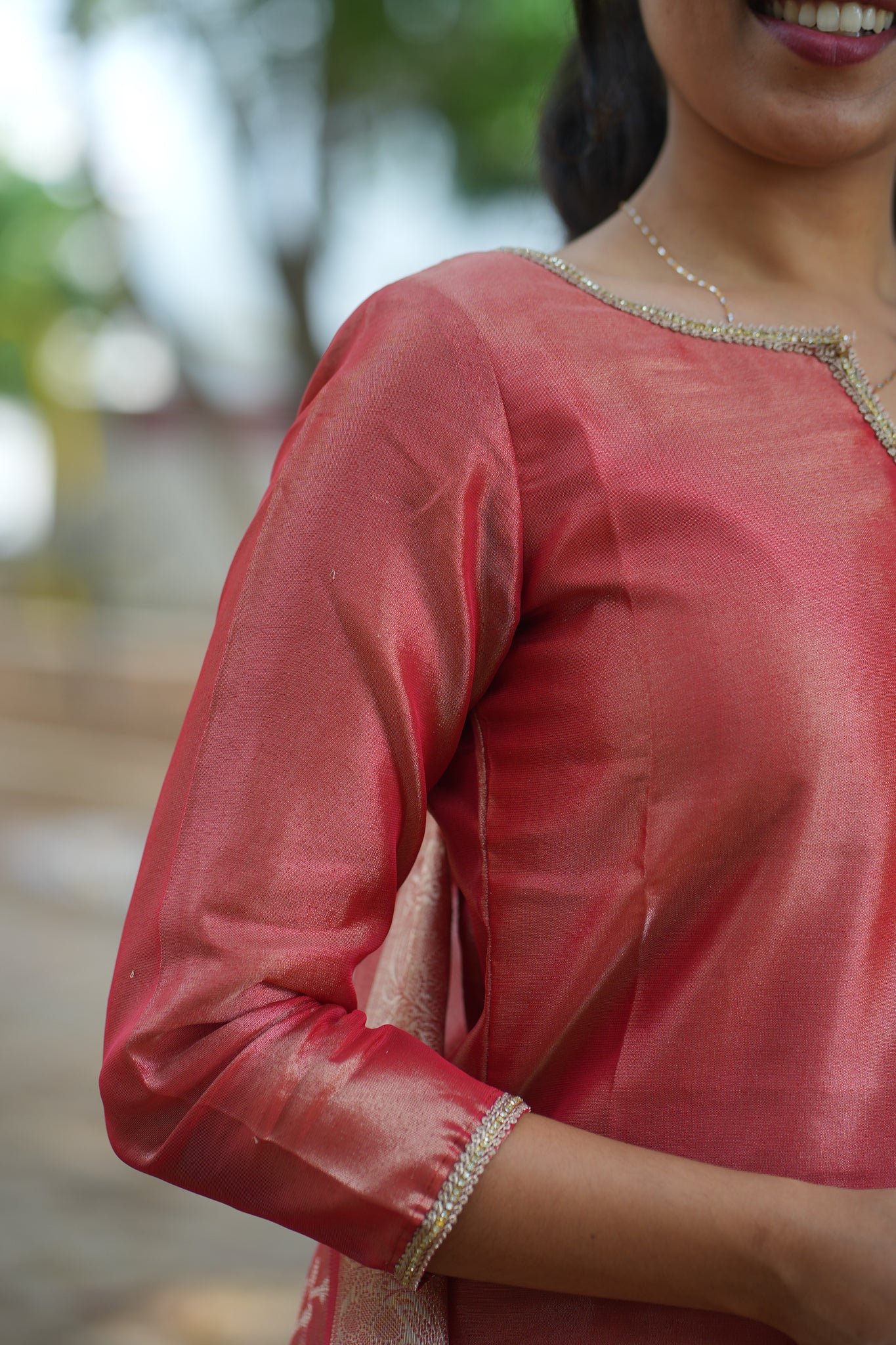 AA124 Rust Red Tissue Silk kurti with Brocade Silk Dupatta