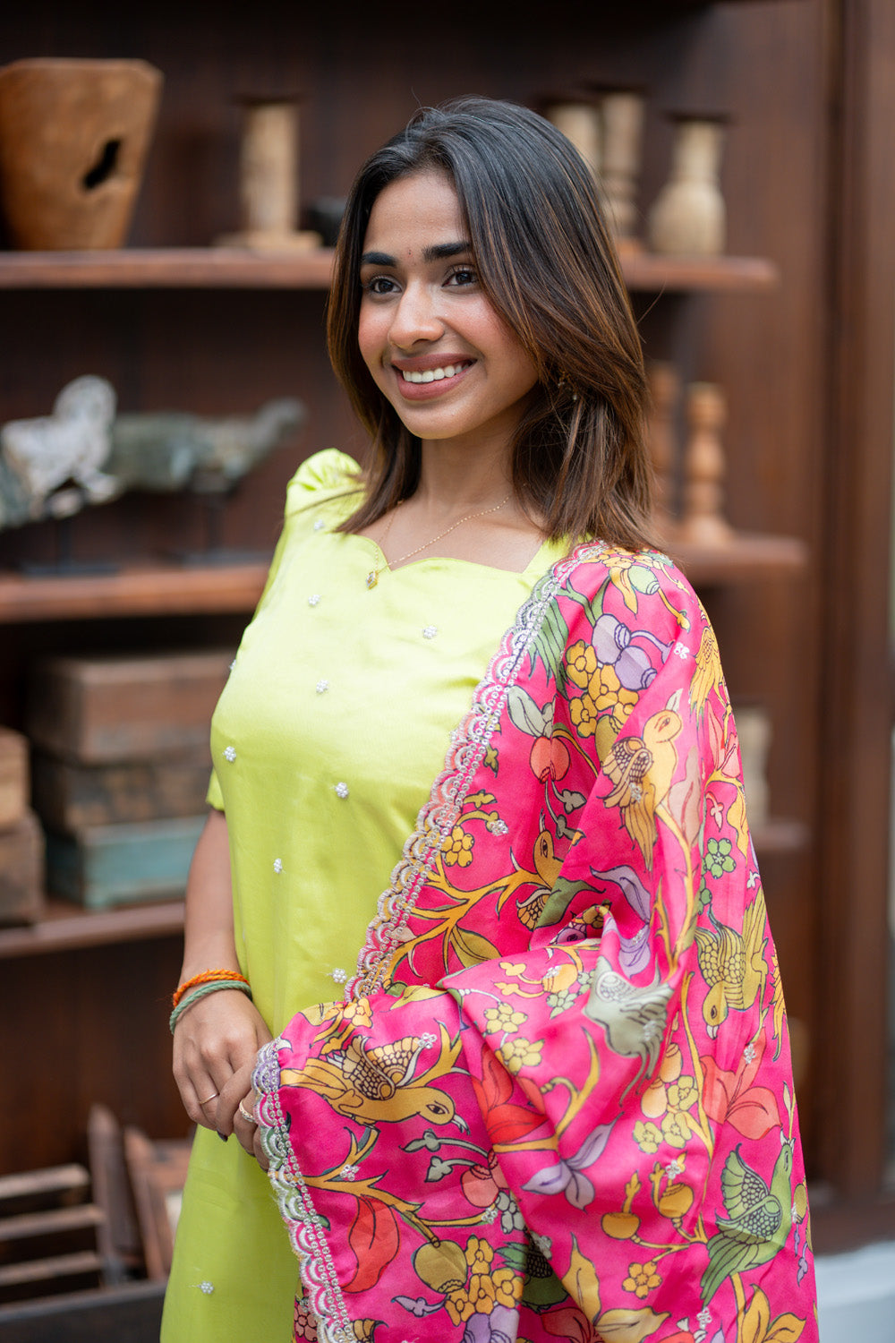 AA299 Gulabi Kalamkari Silk set (Pistachio Beads work Organza Kurti with Kalamkari Silk Dupatta with Scallop at the edges)