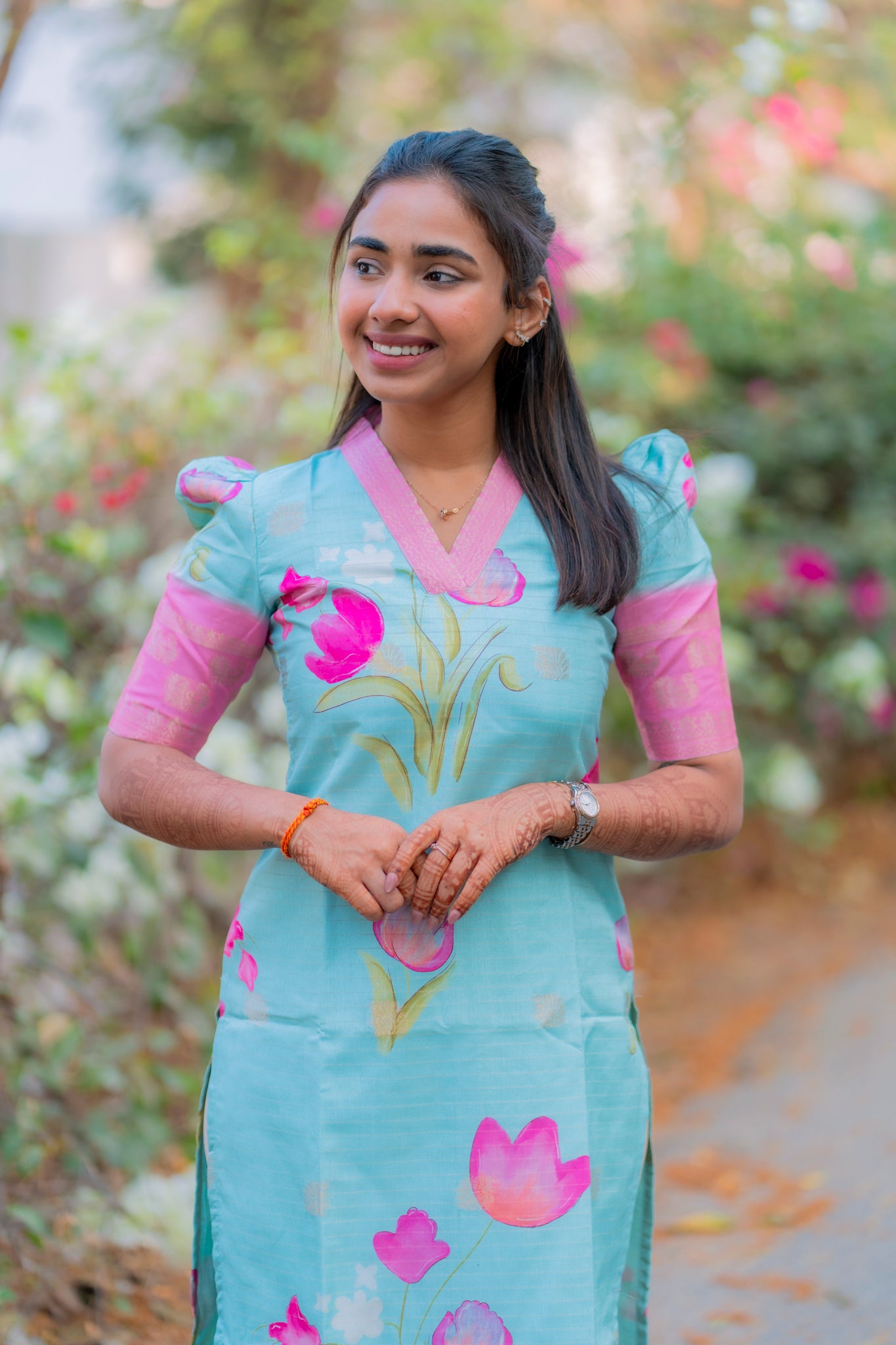 AA196 Blue with Pink Combo  Floral Checks Silk Kurti