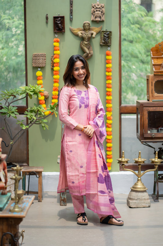 Pink with Purple Combo Swan & Pichwai Print Jamdhani Silk Salwar Set