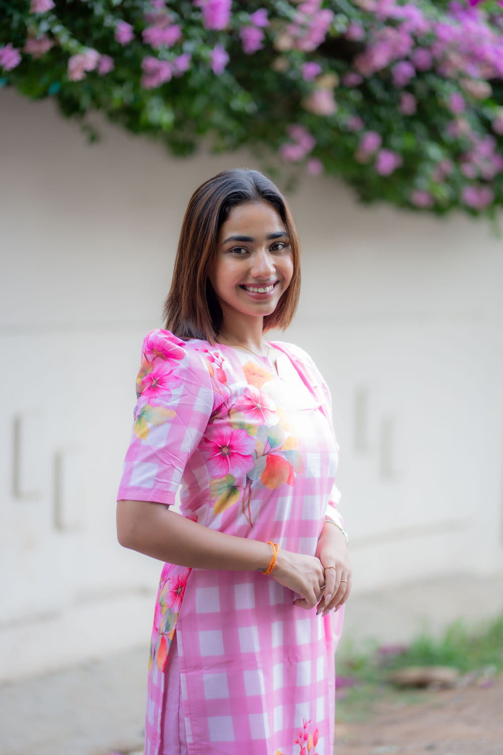 AA245 Pink Checks Floral Cambric Cotton 3 Pc Set