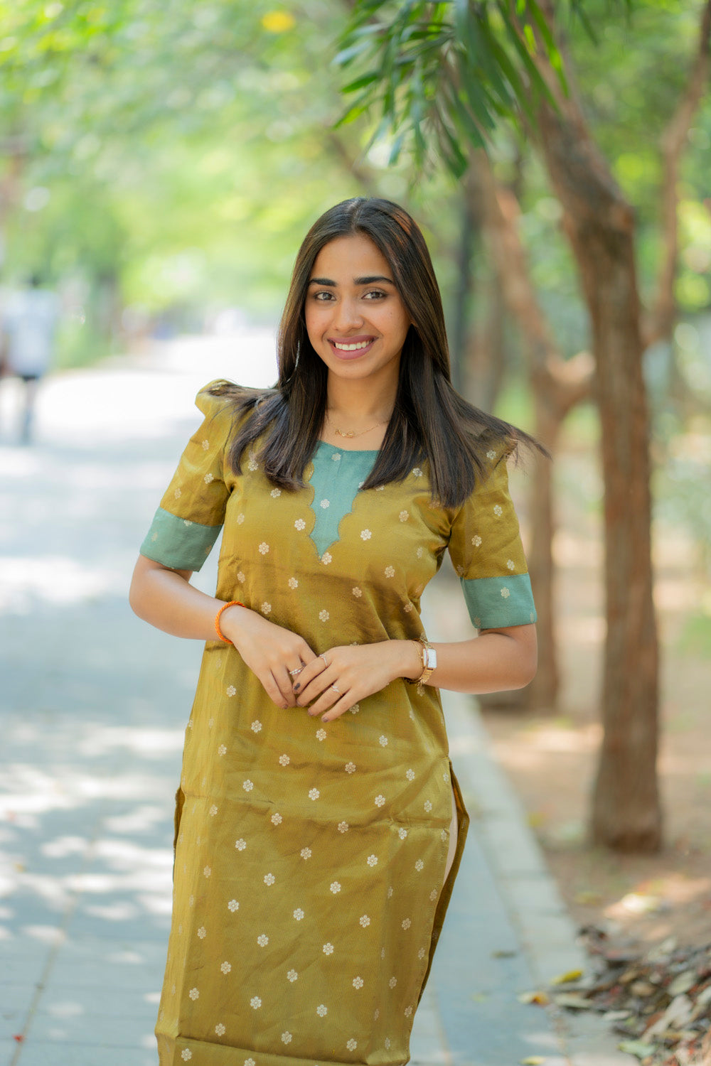 AA181A Mustard with Teal Blue Combo Shimmer Silk Kurti(Warning:Don’t Iron Directly)