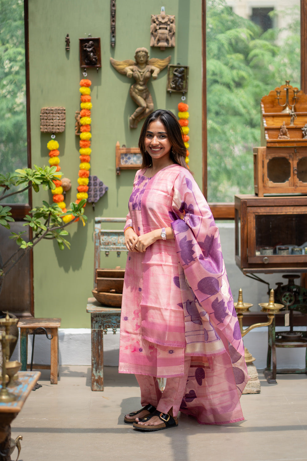 Pink with Purple Combo Swan & Pichwai Print Jamdhani Silk Salwar Set