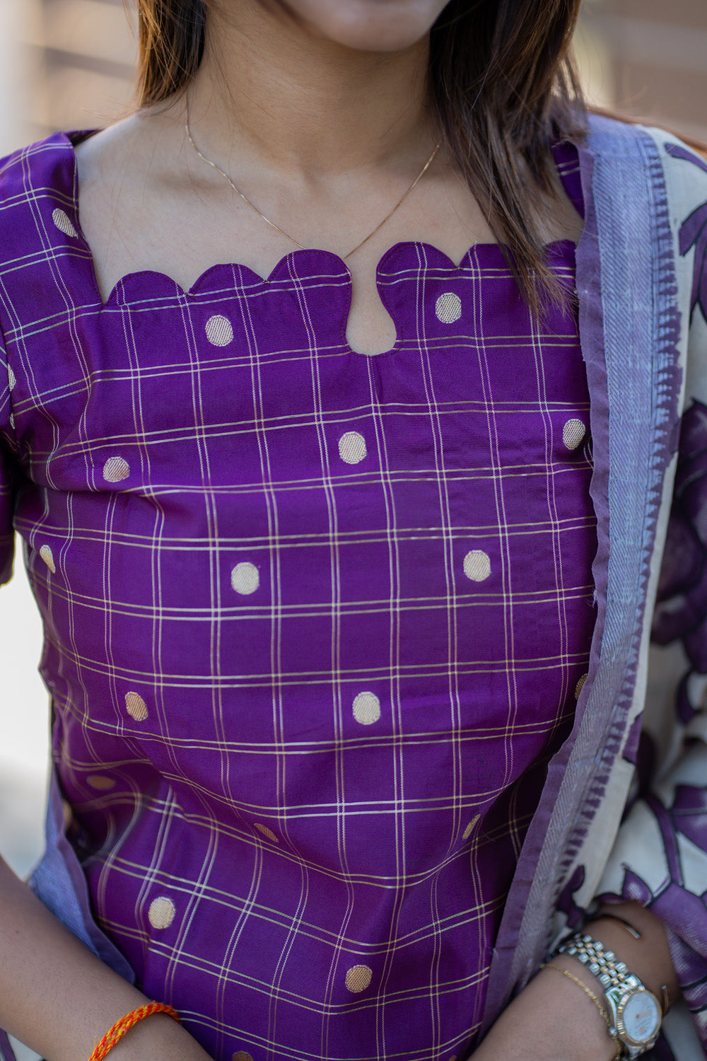 AA268 Purple Checks Raw Silk Kurti with Kalmkari Dupatta