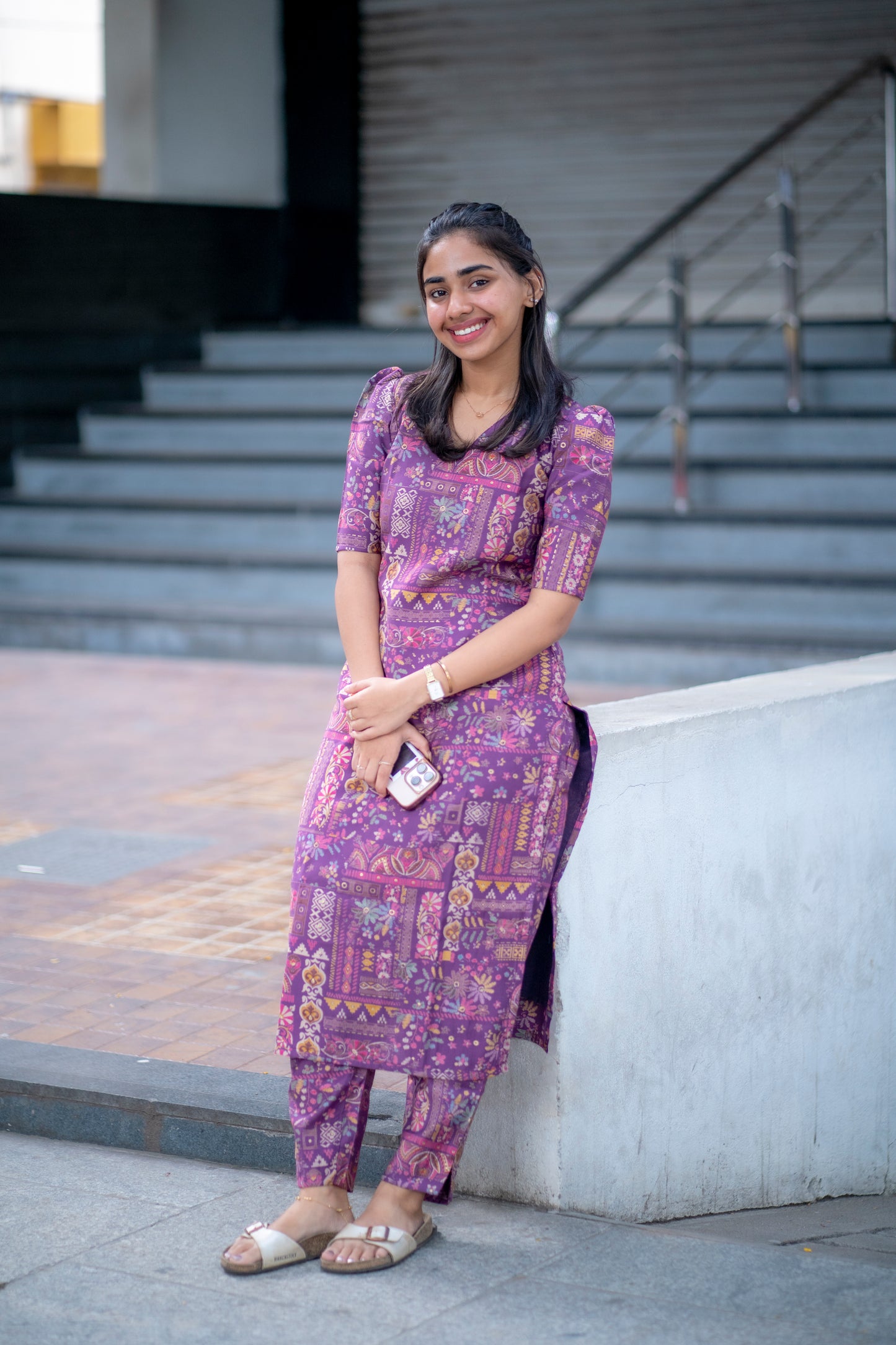 AA078 Violet Floral Printed Silk Co-Ord Set