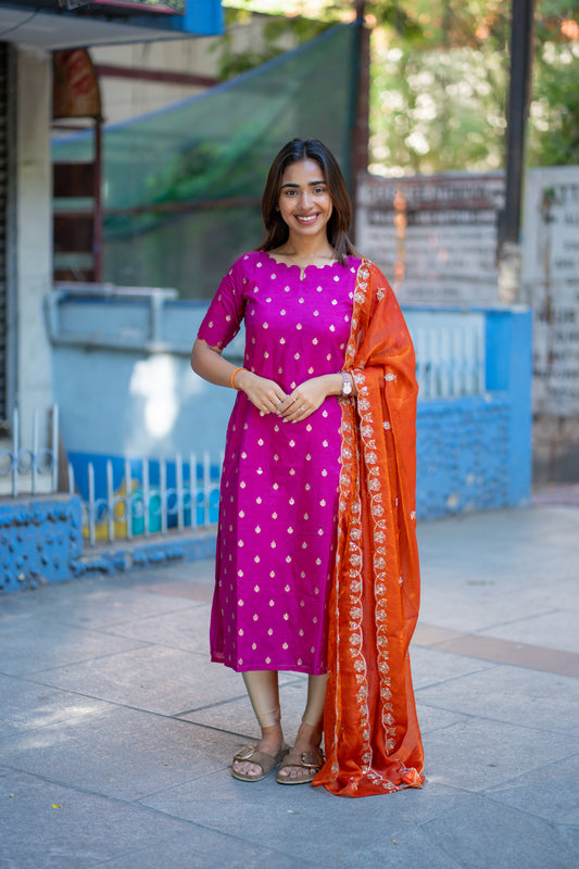 AA264 Pink Banarasi Silk Kurti with Rust Orange Silk Dupatta