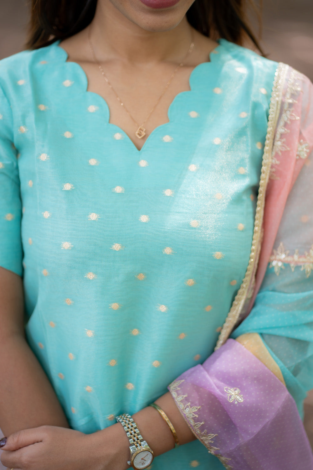 Blue Designer Silk Top & Pant with Multicolour Dupatta