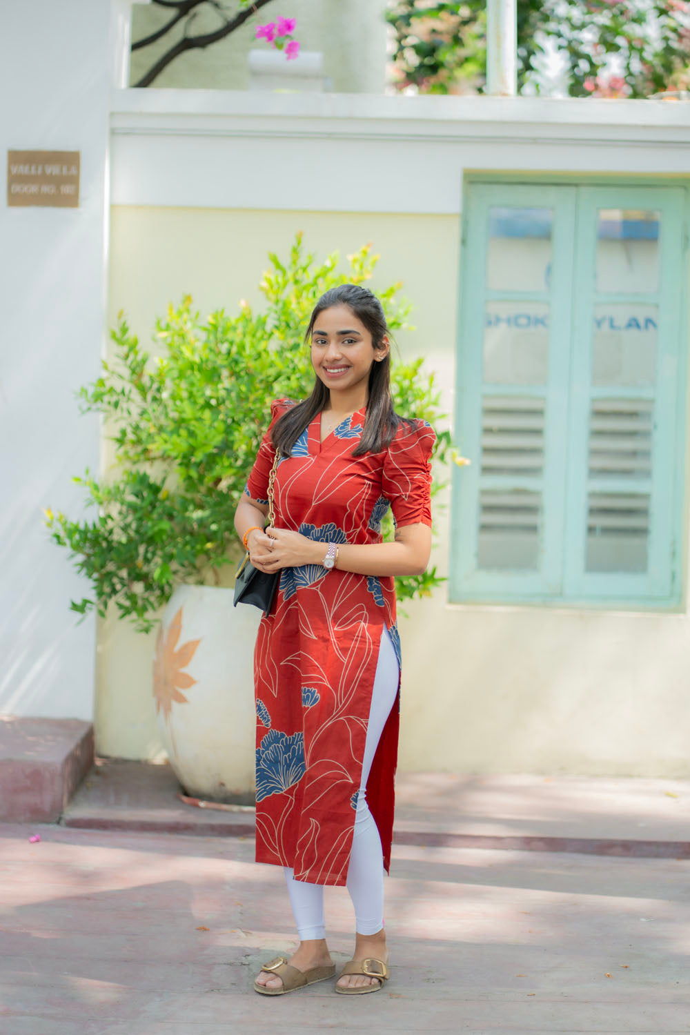 AA221  Cherry Red Butter Cotton Floral Kurti