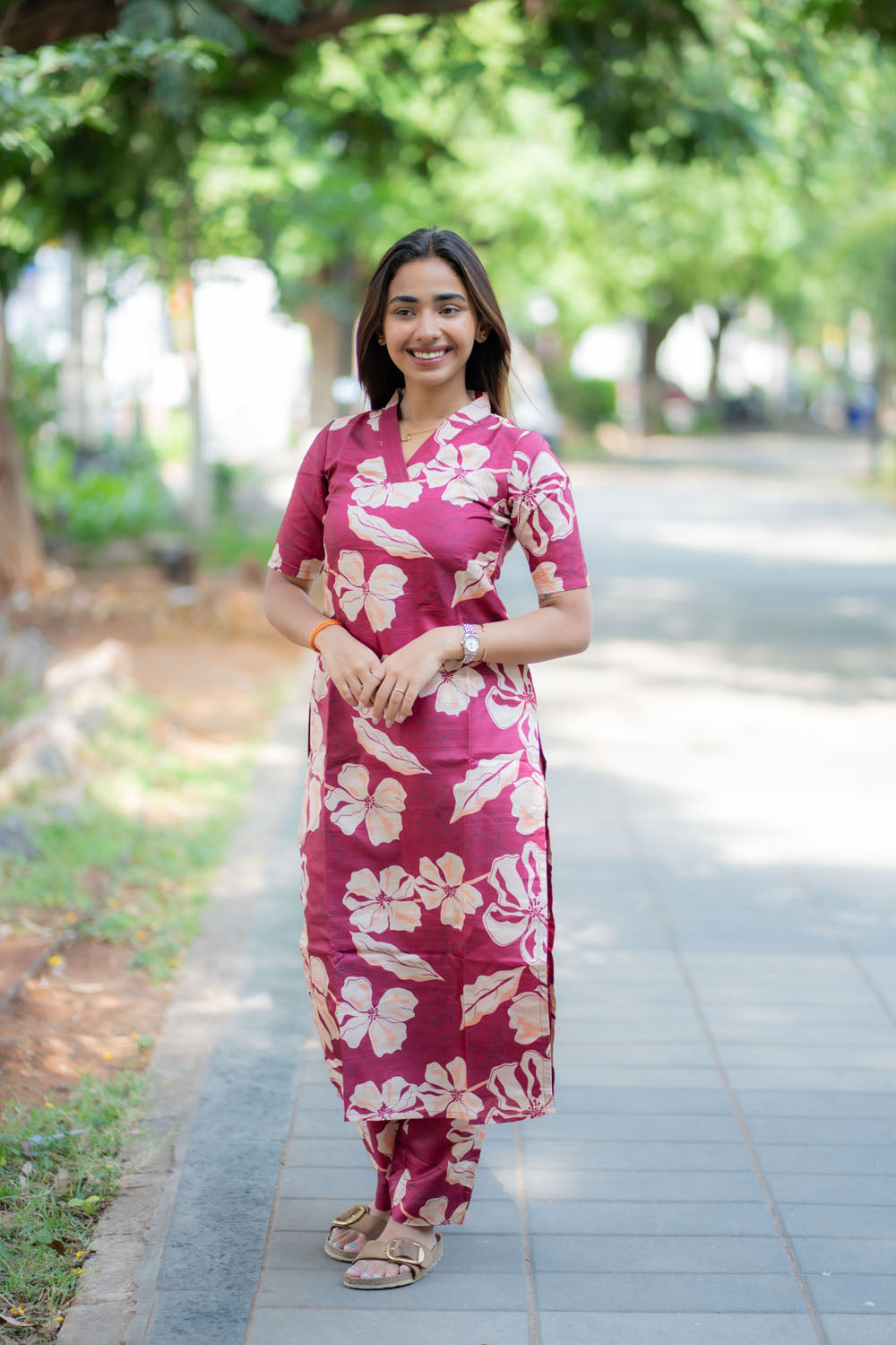 AA243 Grape Wine Colour Ginger Silk Floral Co Ord set