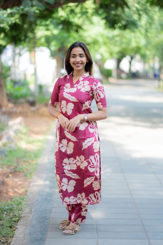 AA243 Grape Wine Colour Ginger Silk Floral Co Ord set