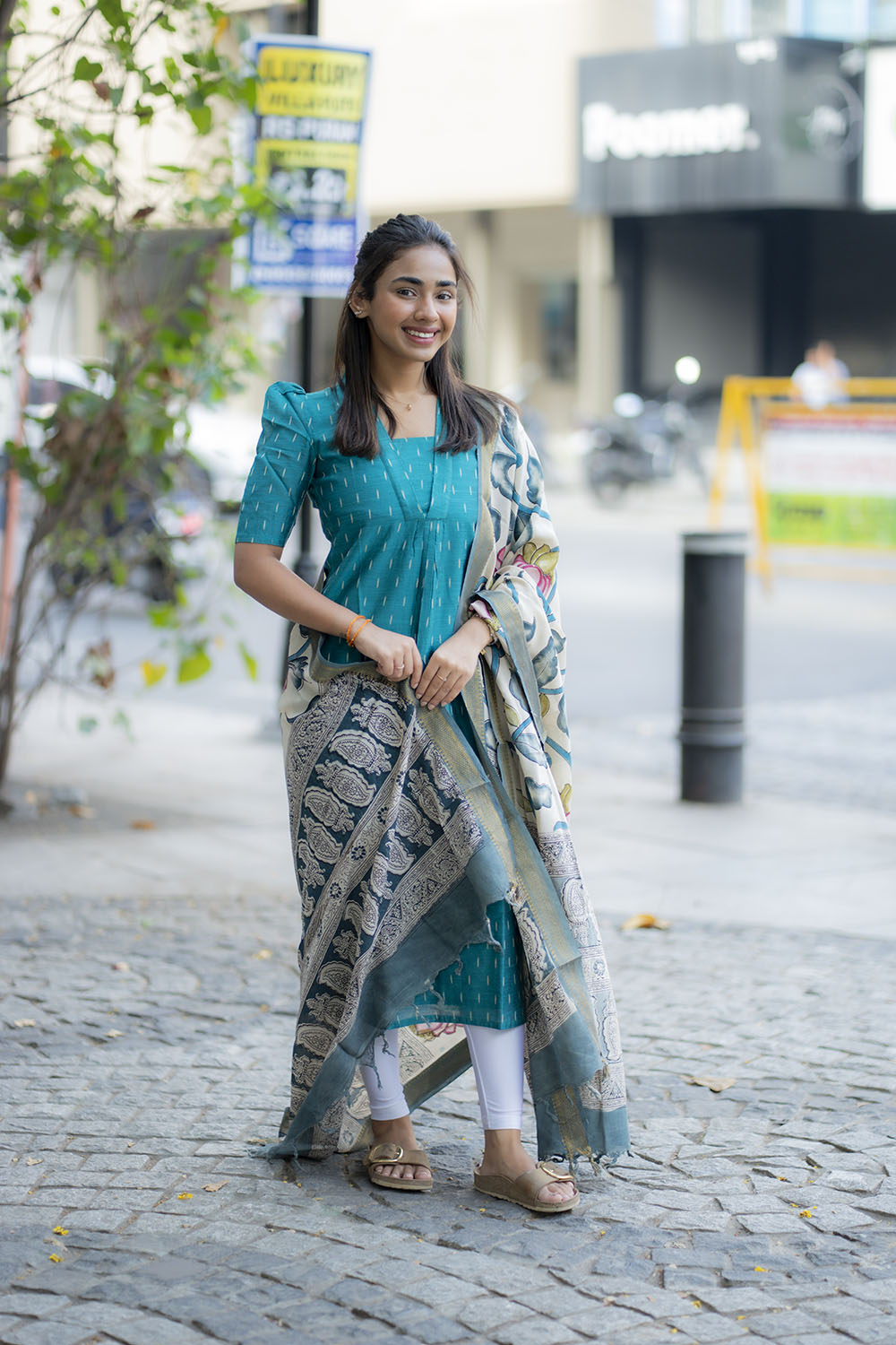 AA214 Blue Raw Silk Kurti With Kalamkari Dupatta