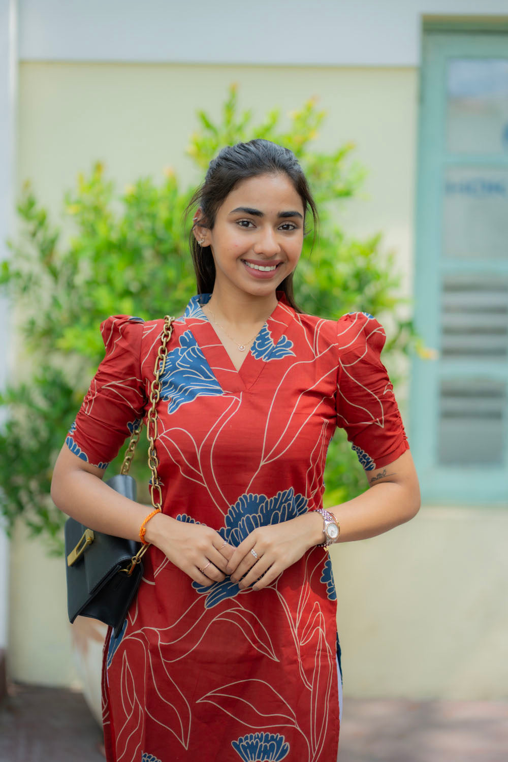 AA221  Cherry Red Butter Cotton Floral Kurti