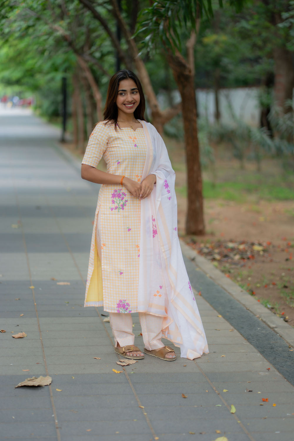 AA247 Yellow with White Checks Floral Cambric Cotton Salwar set