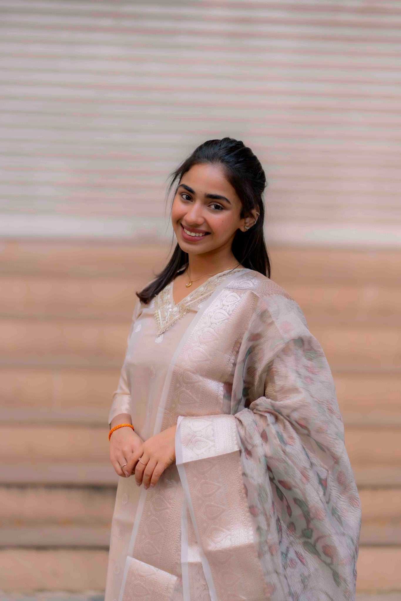 AA204 Beige Colour Organza Silk 3 Pc Set