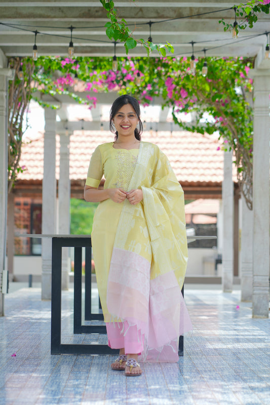 AA127 Pastel Yellow with pink combo Bead Work Tissue Silk 3 Pc Set