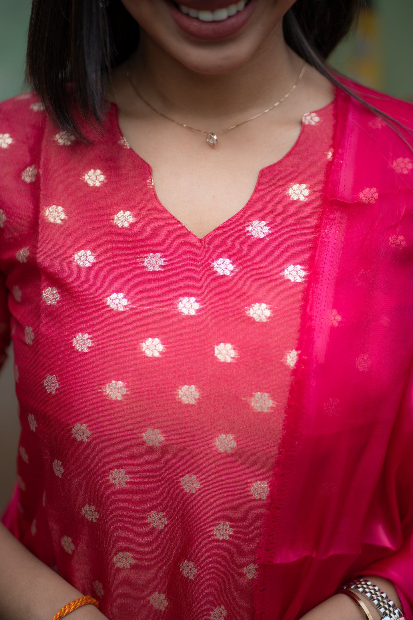 AA147 Rani Pink Chanderi Jacquard Silk Kurti With Shimmer Silk Dupatta