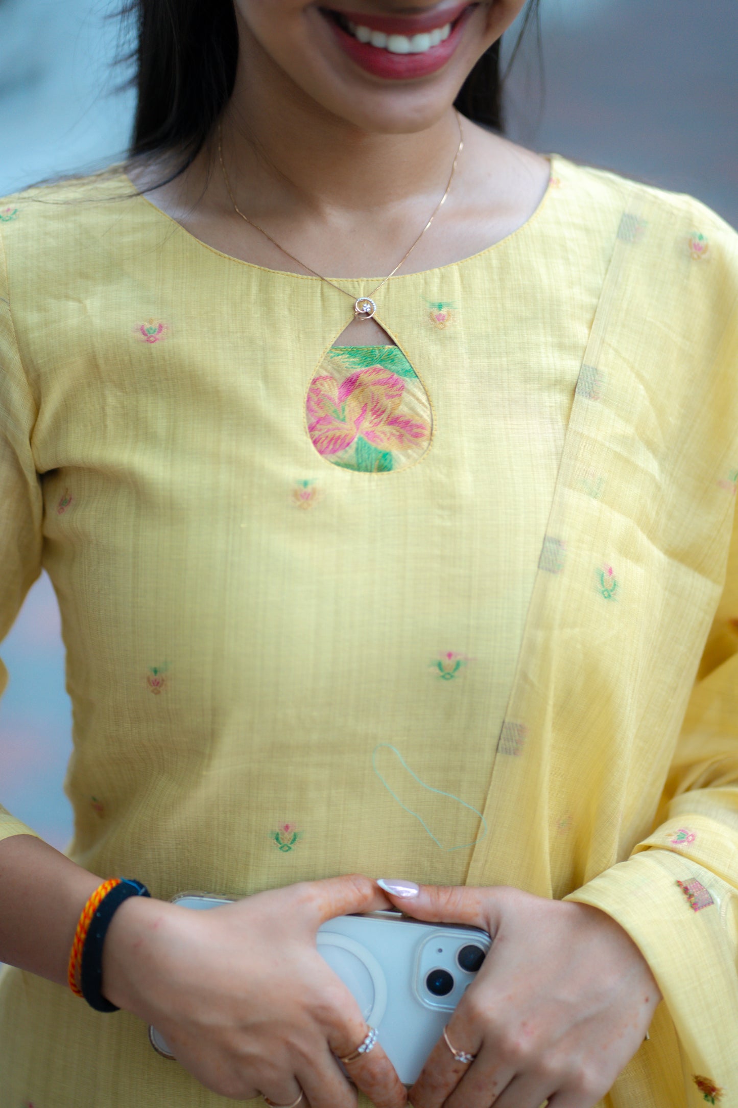 AA133 Yellow Floral Jamdani Silk Kurti with Dupatta