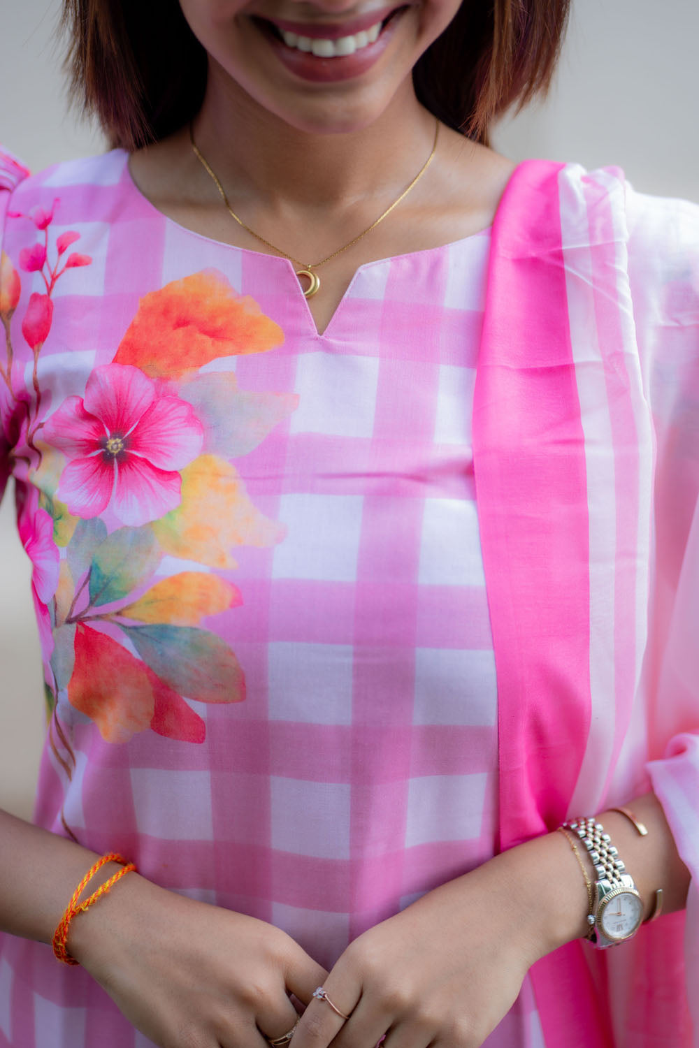 AA245 Pink Checks Floral Cambric Cotton 3 Pc Set