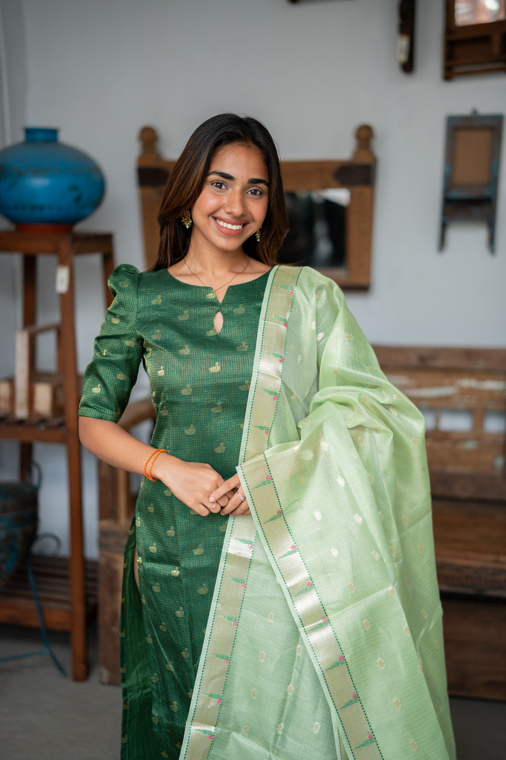AA311 Bottle Green Checks Swan Print Tissue Silk Kurti with Light green Checks Paithani Border Tissue Silk Dupatta