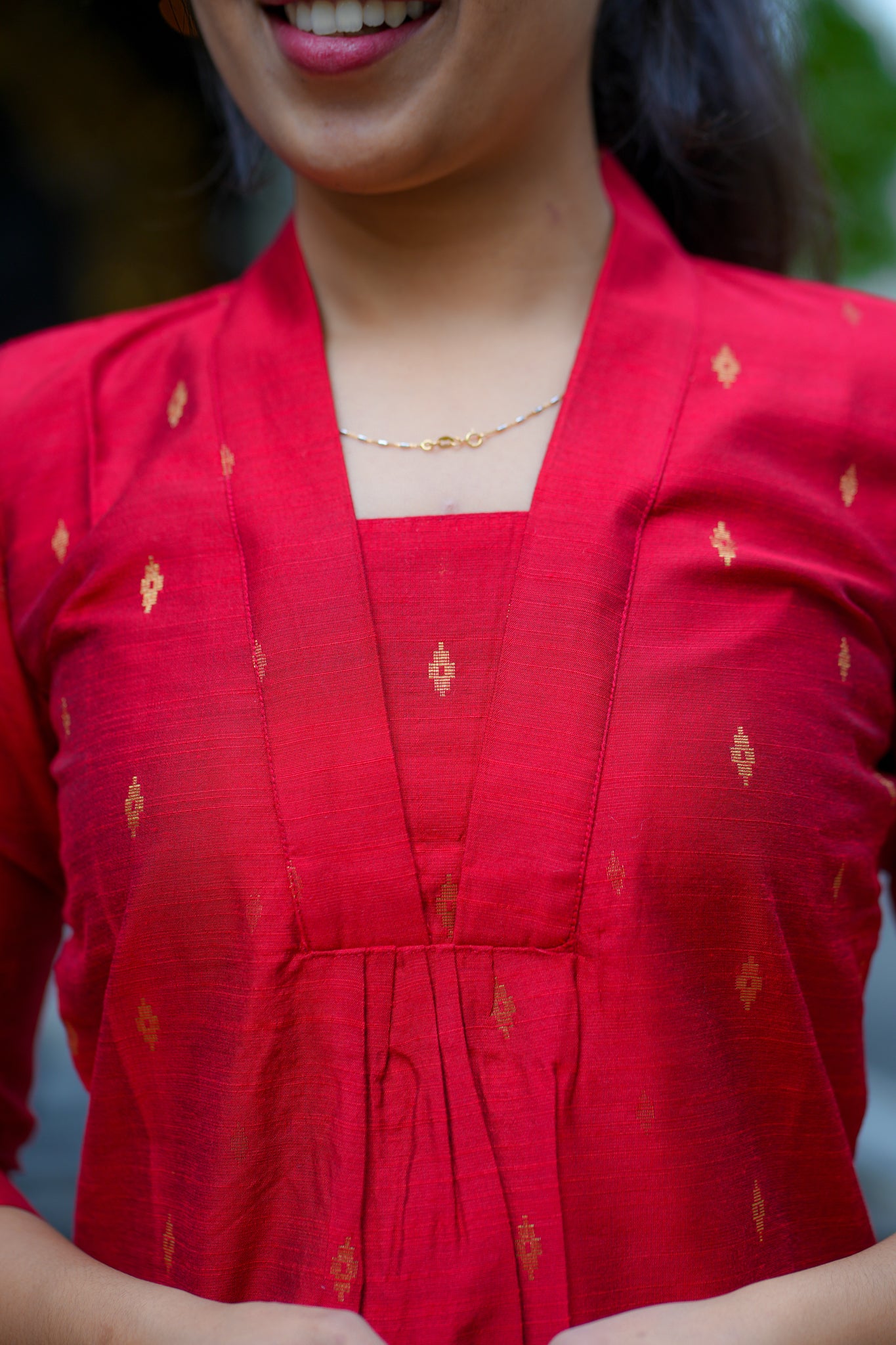 AA120 Cherry Red Raw Silk Kurti & Pant with Kota Dupatta (3 pc Set)