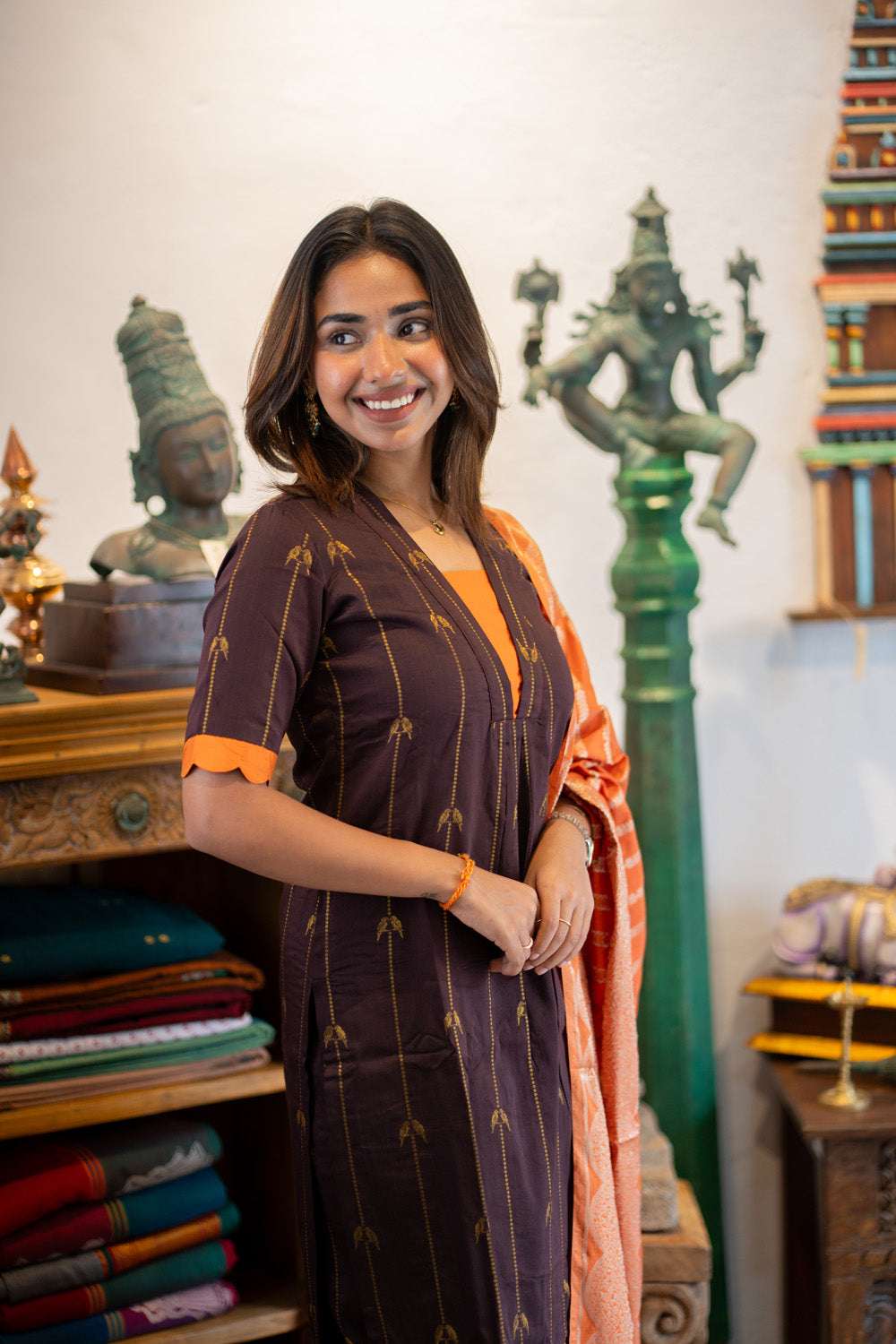 Brown Parrot Print Raw Silk Kurti & Pant  with Orange Jacquard  Silk Dupatta (Neck & Sleeve Patched with Orange Silk Fabric)