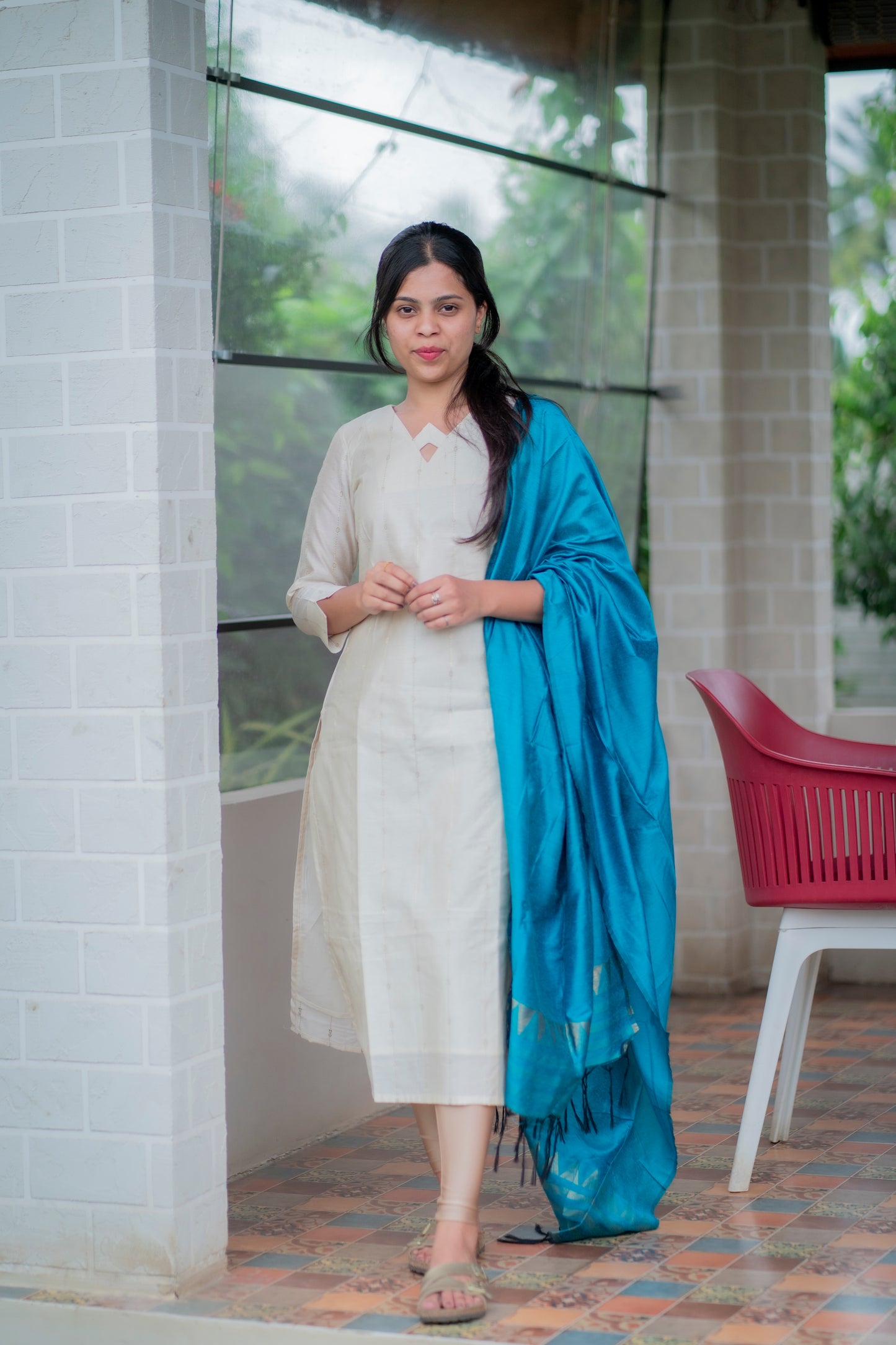 AA065 White with Golden Stripes Silk Kurti with Peacock Blue Dupatta