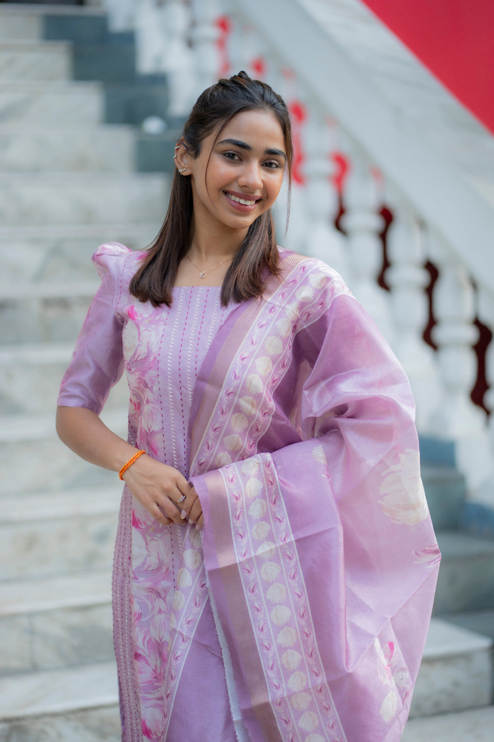 AA235 Lavender Floral Tussar Silk 3 Pc Set