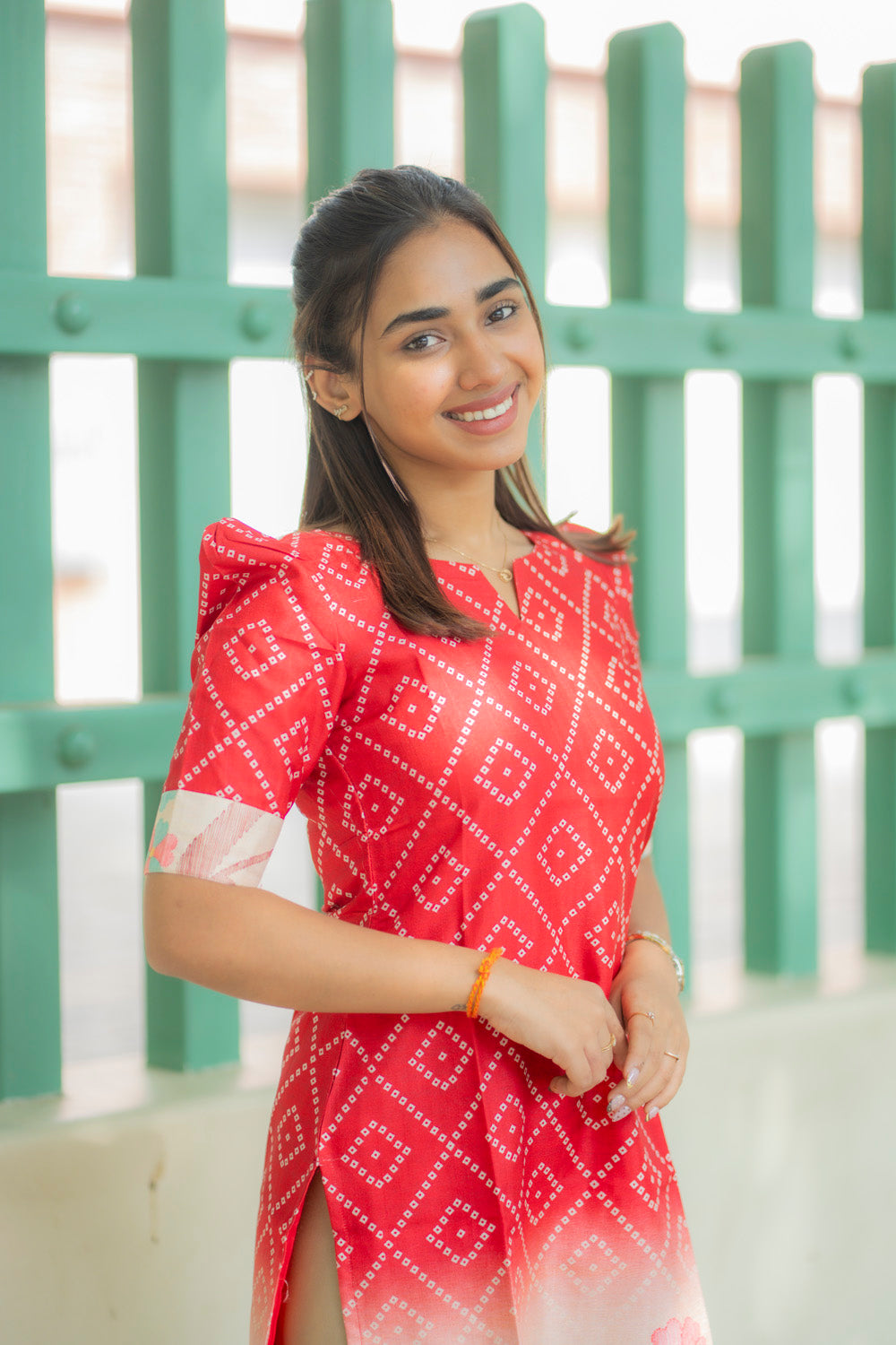 AA237 Red Bandhani with Beige Floral Parrot Print Kurti