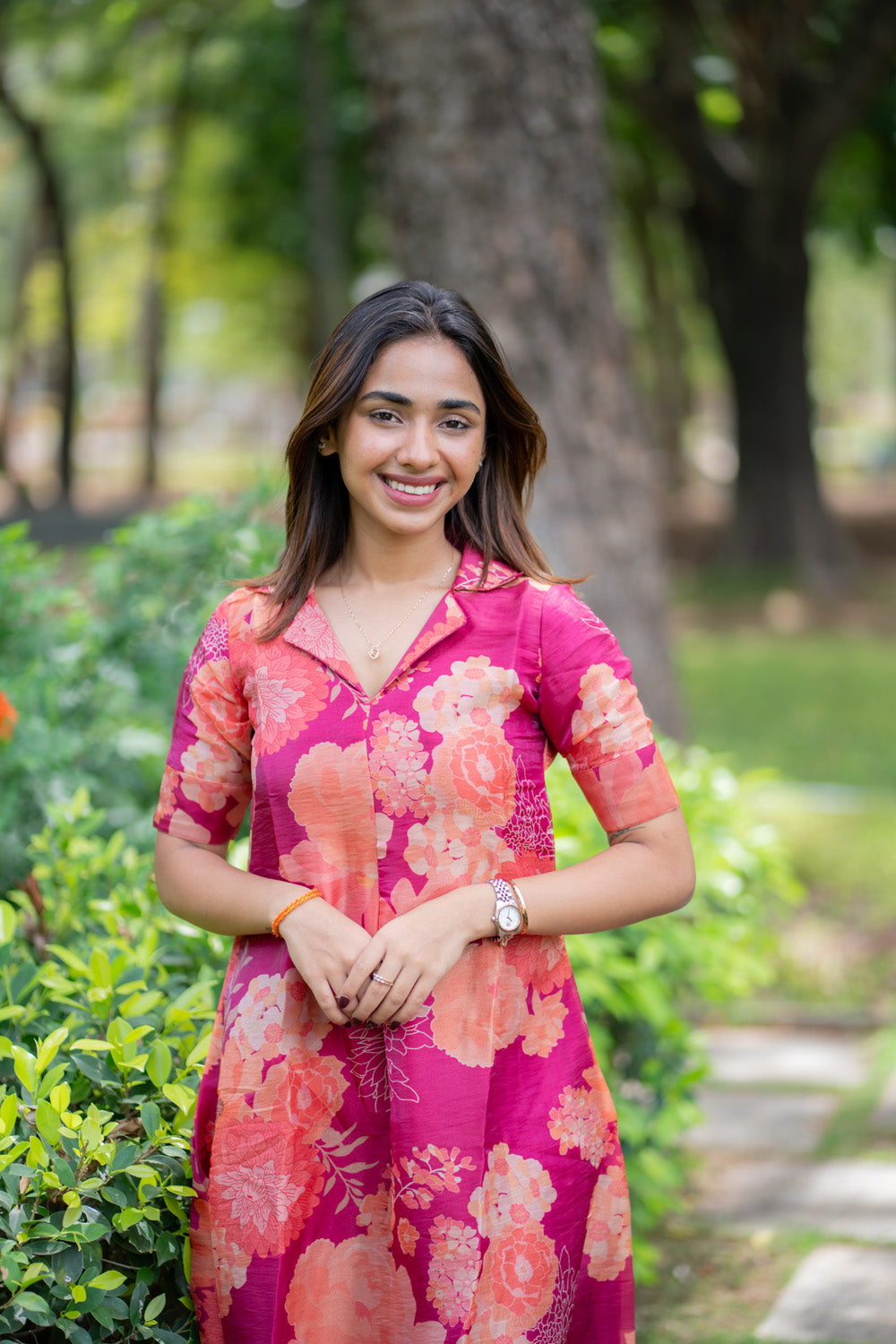AA294 Magenta Pink Floral Chiniya Silk Aline Dress