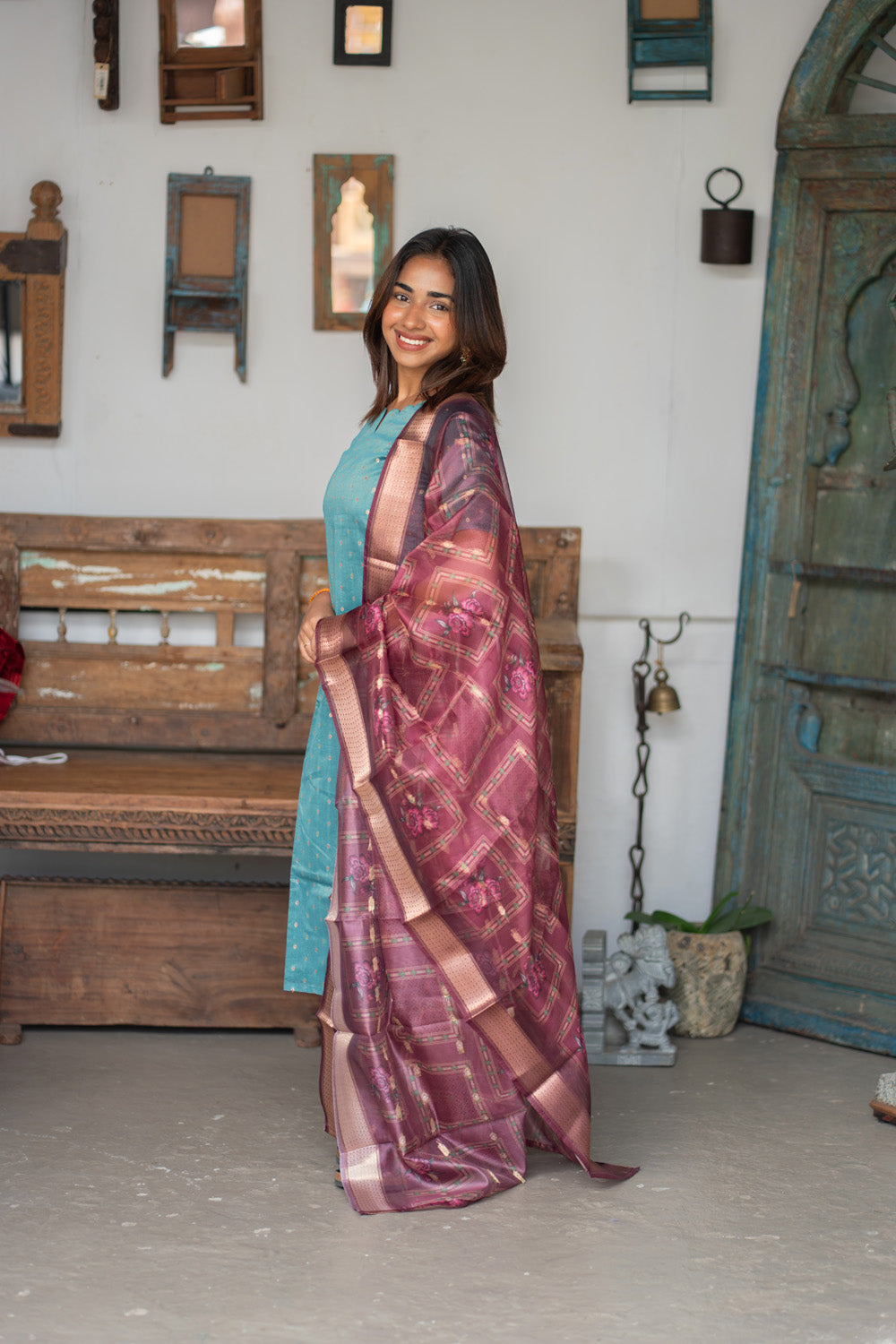 Blue Raw Silk Kurti with Beautiful Motifs paired with Organza Dupatta