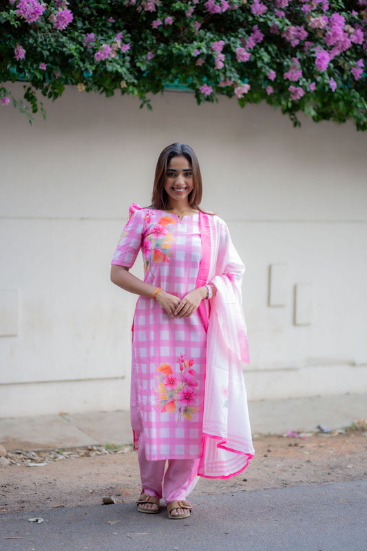 AA245 Pink Checks Floral Cambric Cotton 3 Pc Set
