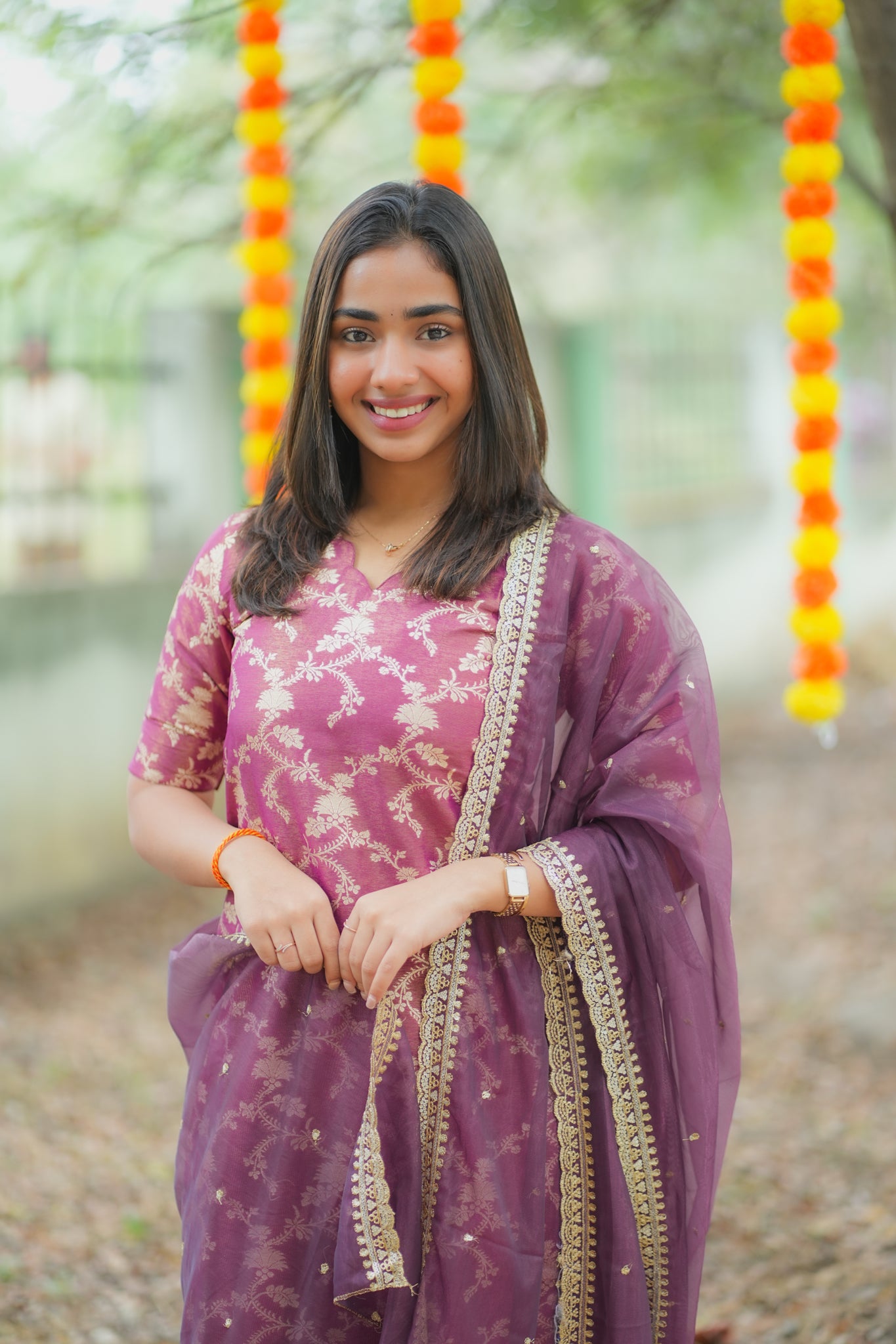 AA162  Wine with Golden Floral Zari Weaving Tissue Silk Kurti with Organza Sequence Dupatta