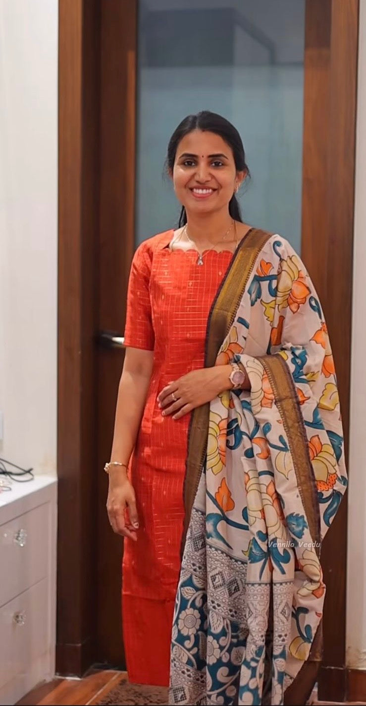AA177 Rust Orange Raw Silk Kurti With Kalmkari Dupatta