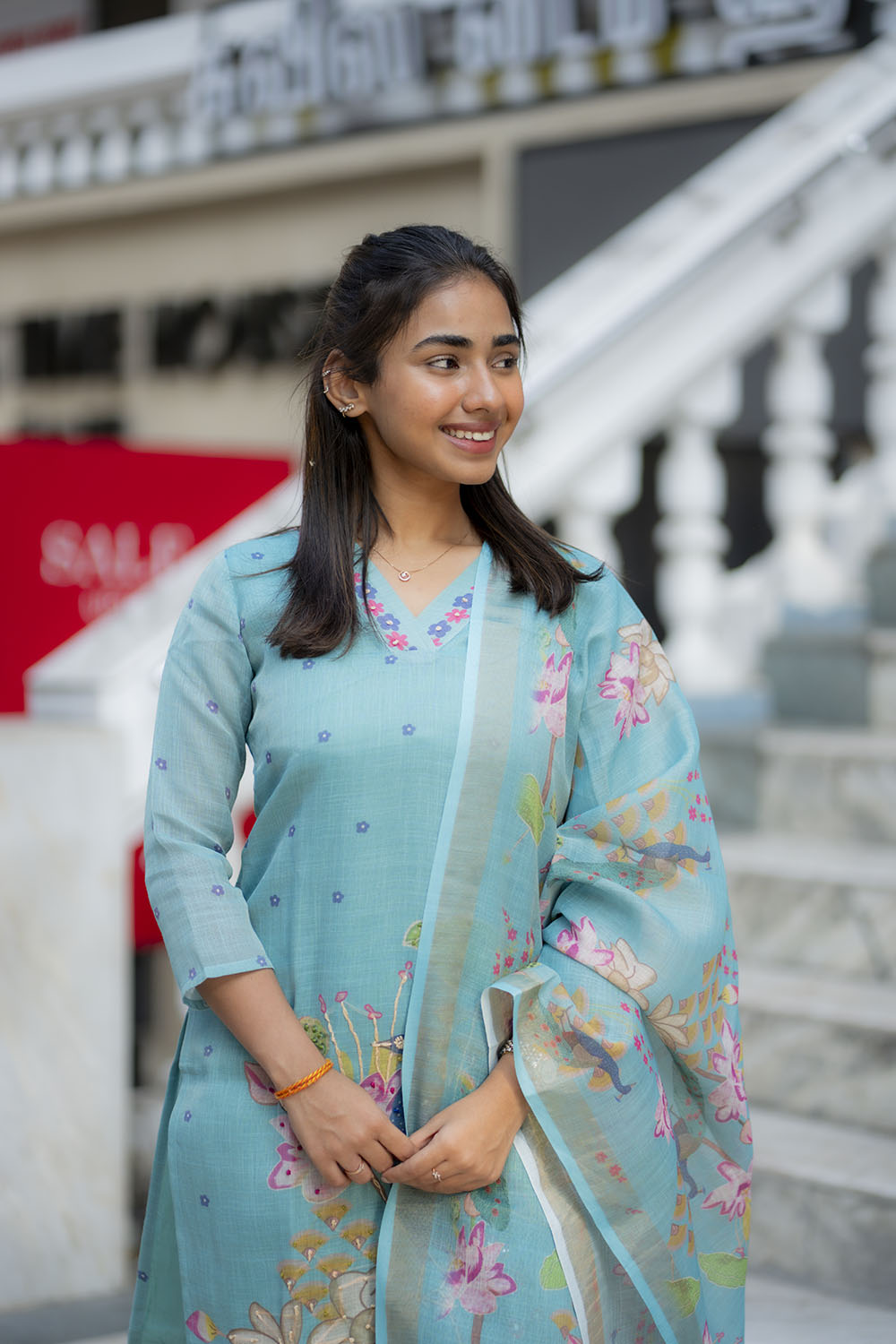 AA210 Blue Linen 3 Pc Salwar Set with Peacock & Floral Design