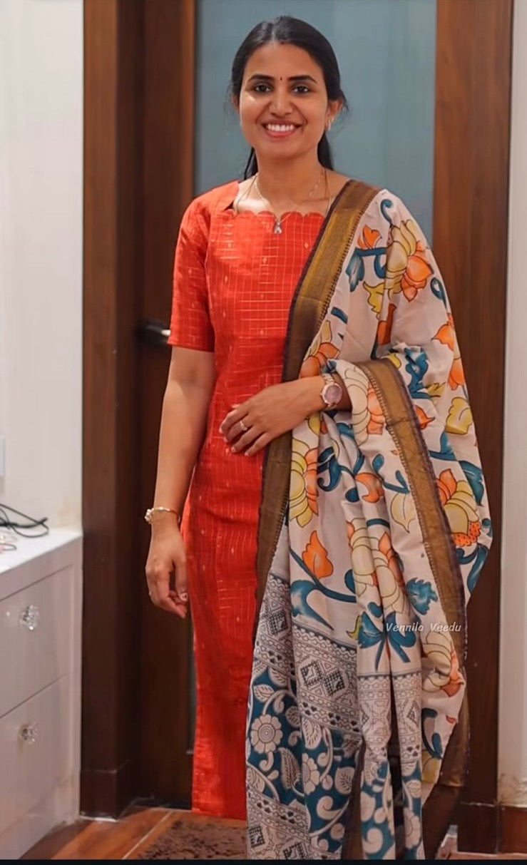 AA177 Rust Orange Raw Silk Kurti With Kalmkari Dupatta