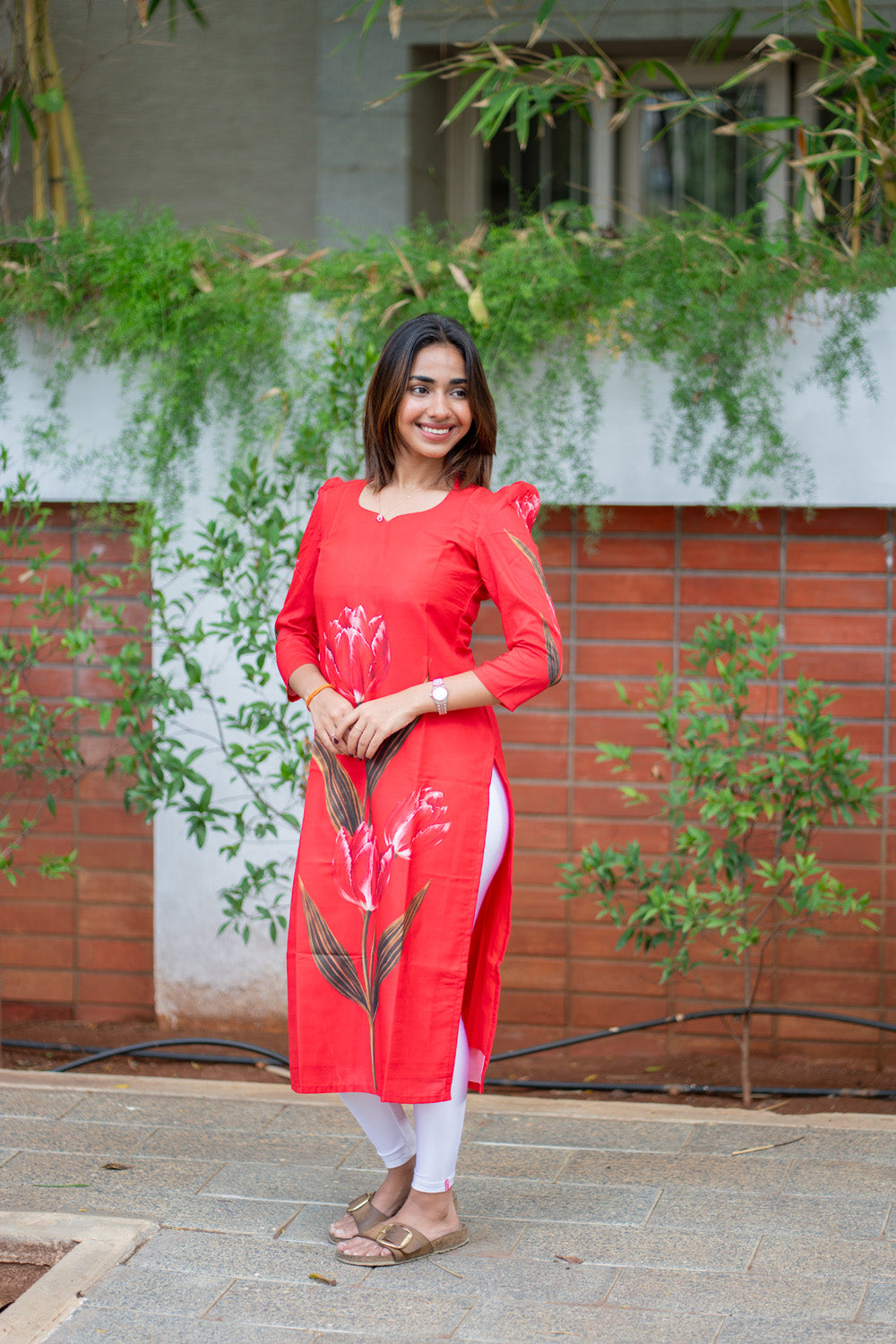 AA301 Corel Red Tulip Print Muslin Silk Kurti