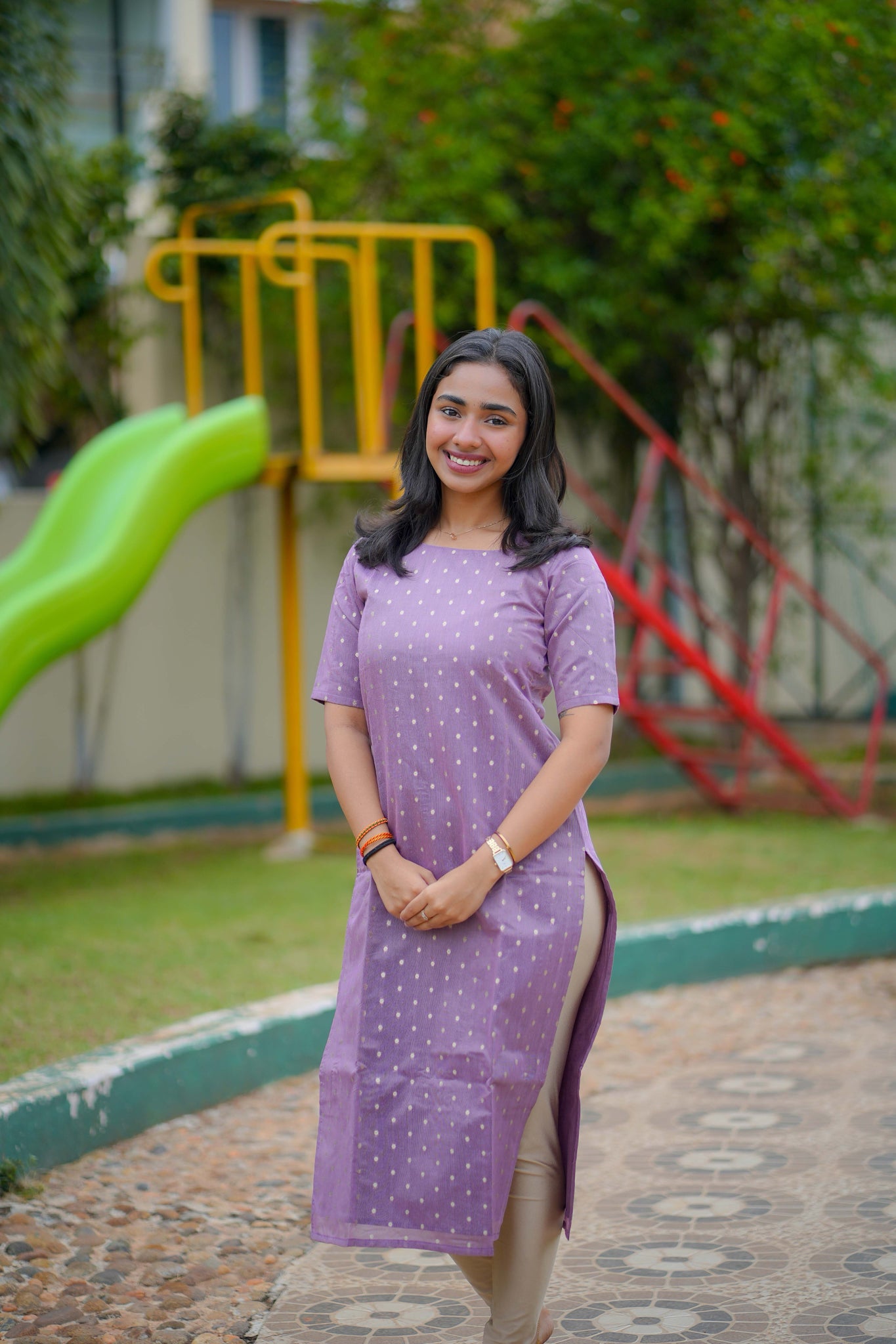 AA112 Lavender Raw Silk Kurti with Pink Brocade Dupatta