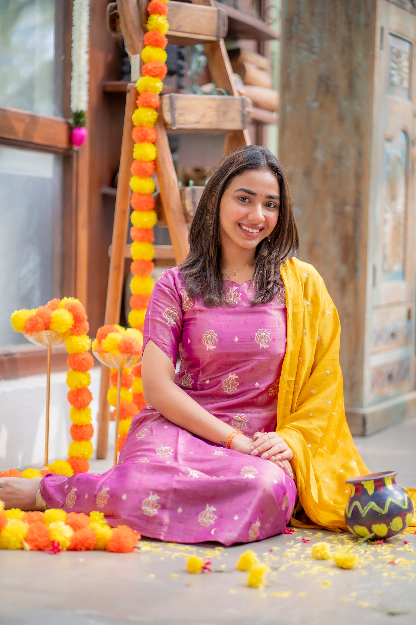 AA153 Lavender Shimmer Silk A line Kurti with Yellow Golden Motifs Dupatta