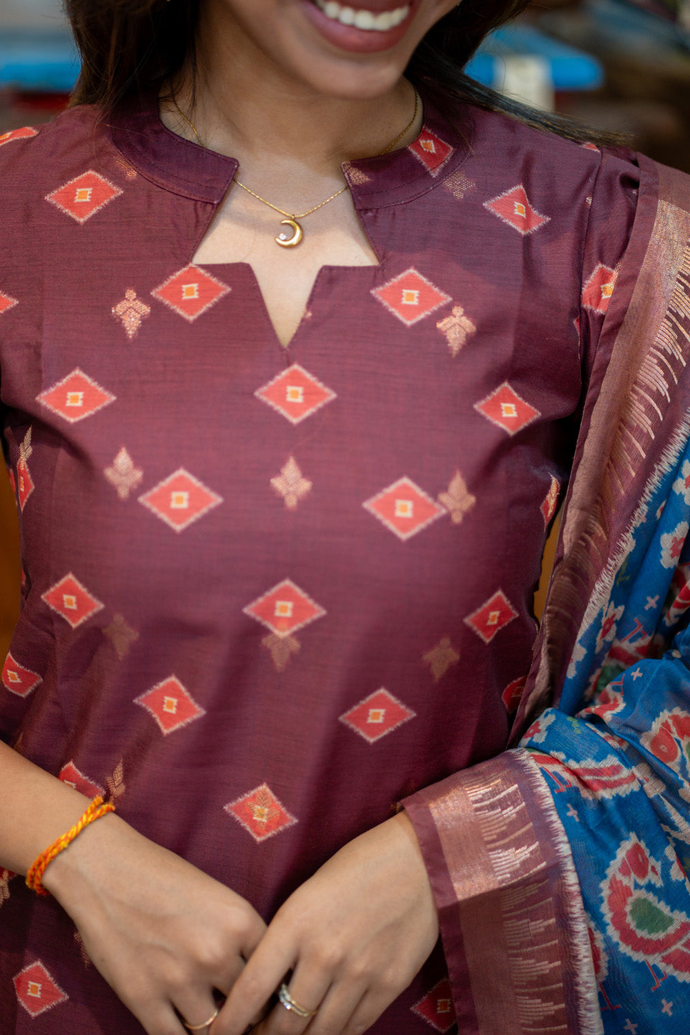 Brown with Blue combo Malai Chanderi Salwar Set with Patola Print Dupatta
