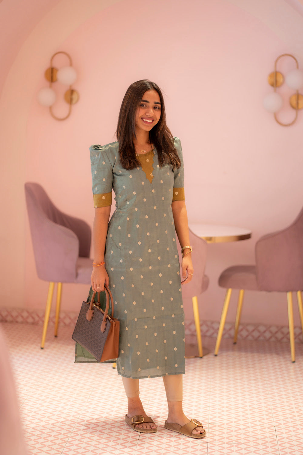 AA180A Teal Blue With Mustard Combo Shimmer Silk Kurti (warning :Don’t Iron Directly)