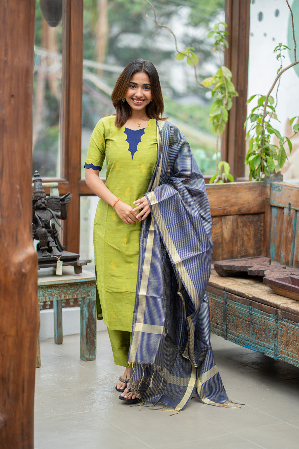 Parrot Green Raw Silk Kurti & Pant with Golden Floral Motifs Paired with Blue Zari Checks Dupatta(Neck & Sleeve patched with Blue semi raw Silk Fabric)