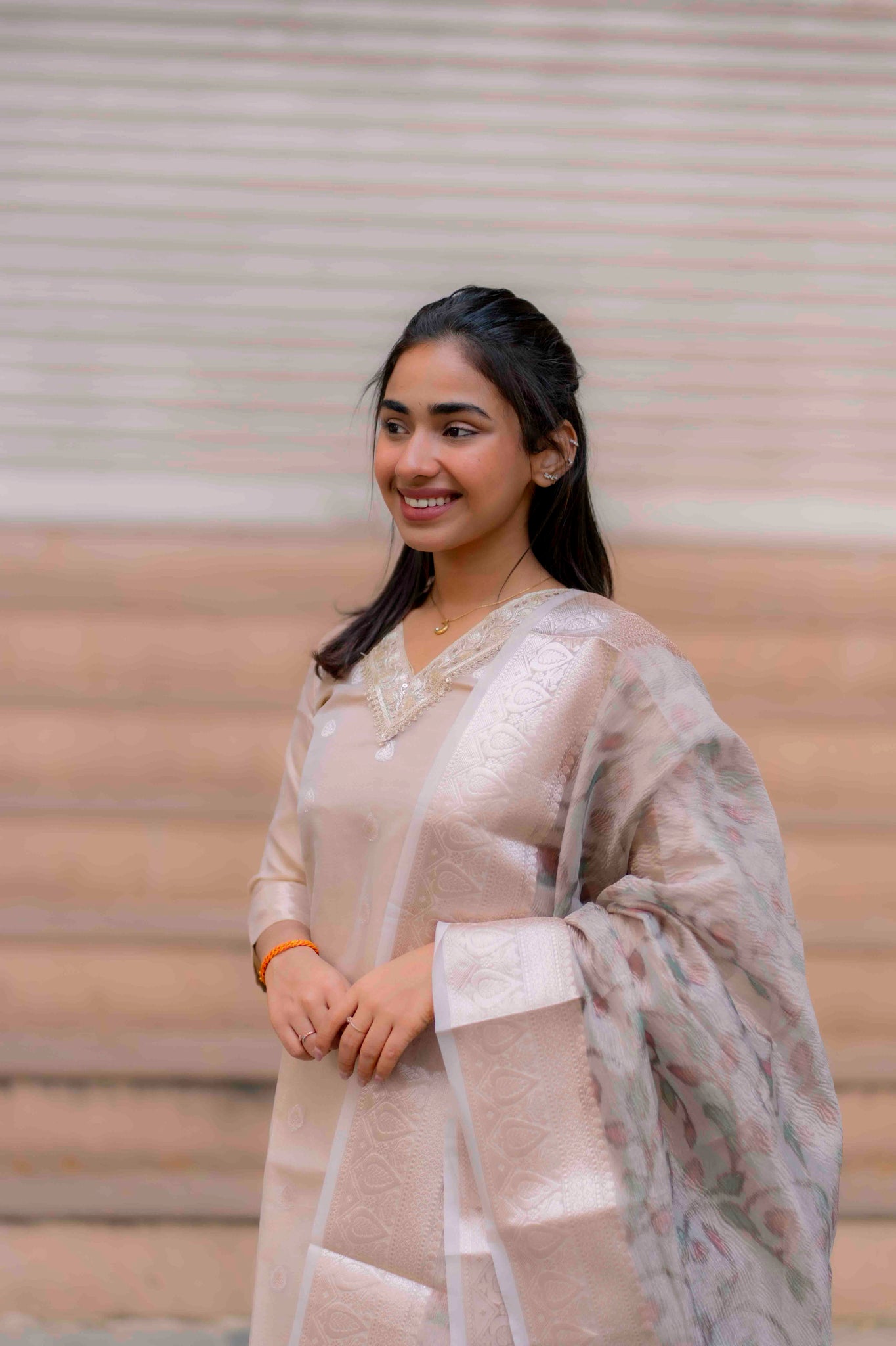 AA204 Beige Colour Organza Silk 3 Pc Set